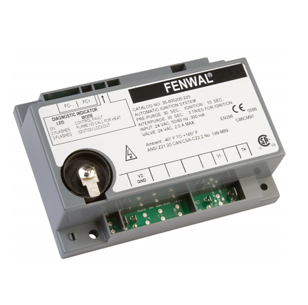 Fenwal 35-605606-223 Microprocessor-Based Direct Spark Ignition Control Module 24VAC Edge Connector Noryl Grey Enclosure Three TFI Remote Flame Sense 30-Second Pre-Purge 30-Second Inter-Purge 7-Second Trial