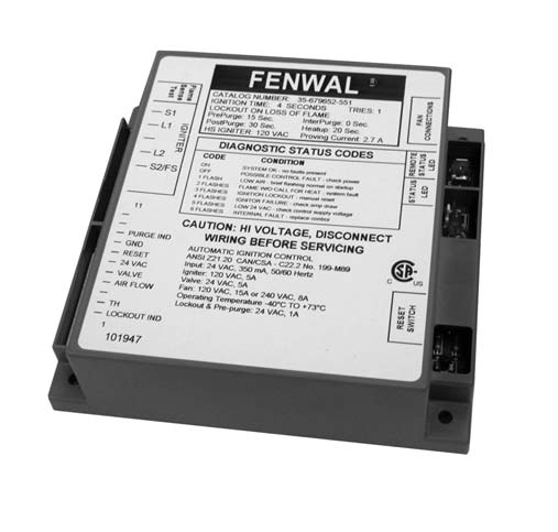 Fenwal 35-679652-551 Microprocessor-Based Proven Hot Spark Igniter Control with Combustion Blower Relay Manual Reset 1 TFI Local Sense Lockout On Flame Loss 4-Seconds 15-Second Prepurge 15-Second Interpurge 30-Second Postpurge (Full Time Power)