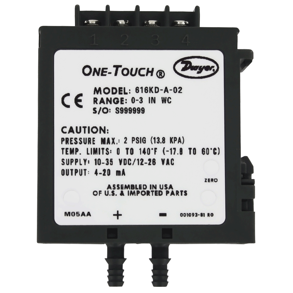 Dwyer 616KD-01-V Differential Pressure Transmitter 2% Accuracy 0-2" W.C. 0-5/0-10V